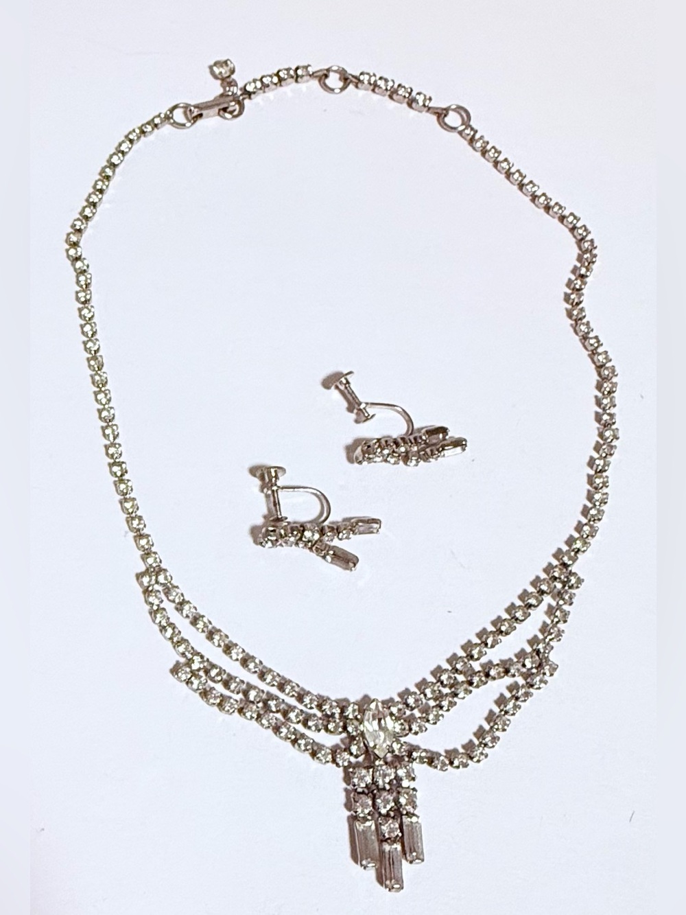 Vintage 1950s Clear Rhinestone Waterfall Necklace & Screwback Earrings Set